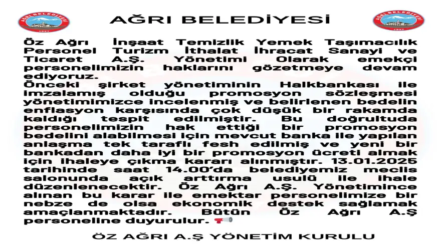 AĞRI BELEDİYESİ'NDEN DUYURU