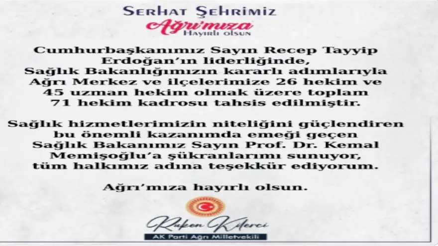 ​AK Parti Ağrı Milletvekili Ruken Kilerci Müjdeyi Verdi