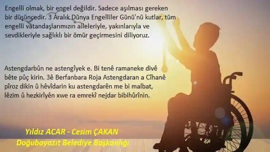 Doğubayazıt Belediye Eş Başkanlarının 3.aralık Dünya engelliler günü mesajı