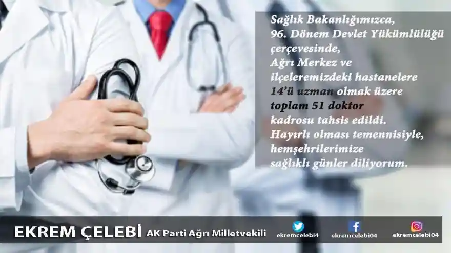 Ağrı ve ilçelerine 51 doktor kadrosu tahsis edildi