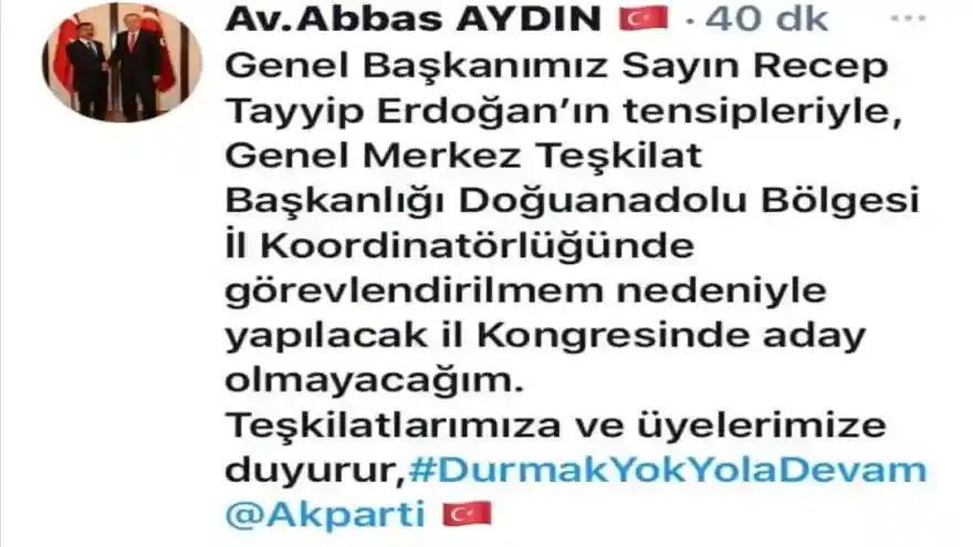 Ak Parti İl Başkanı Abbas Aydın Aday Olmayacağını Duyurdu