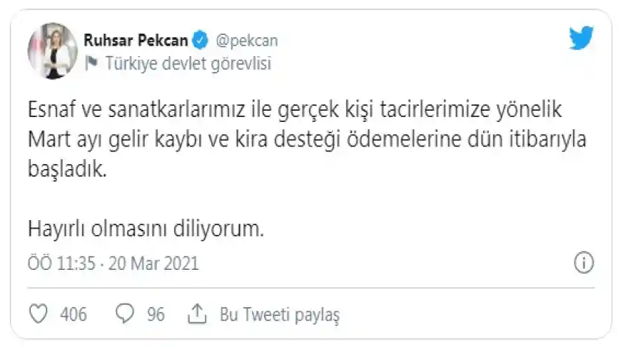 Bakan Pekcan: Gelir kaybı ve kira desteği ödemeleri başladı
