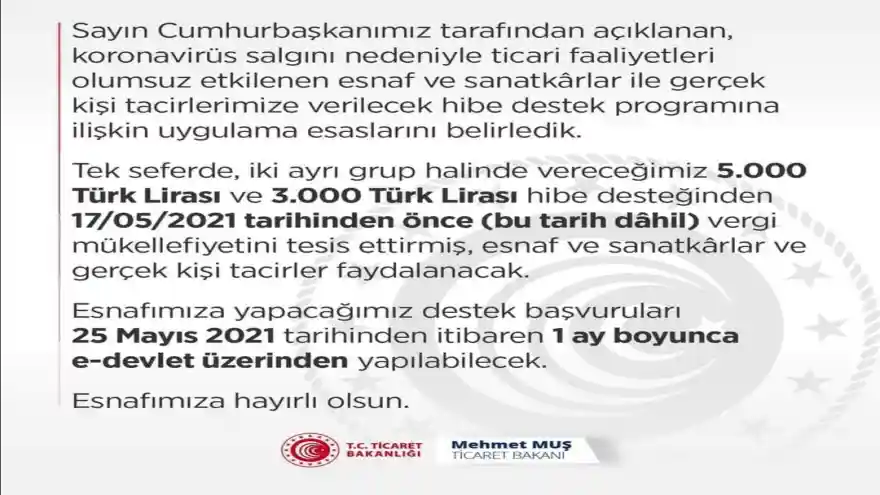 Esnafa hibe desteği için başvuru tarihi belli oldu