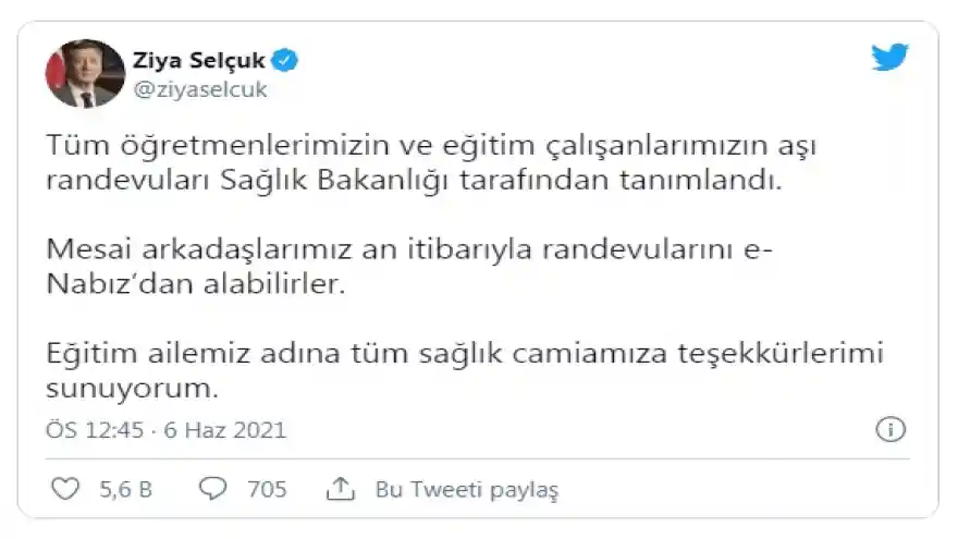Tüm öğretmenler ve eğitim çalışanlarının aşı randevuları açıldı