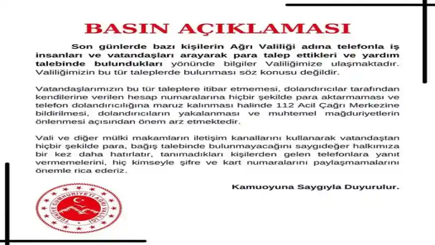 Ağrı Valiliği Vatandaşları Uyardı