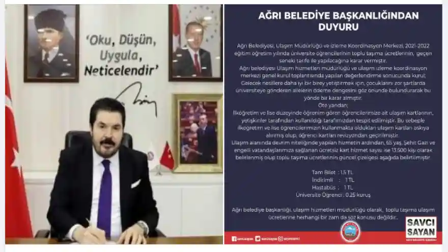 Türkiye'nin En Ucuz Ulaşımı Ağrı'da