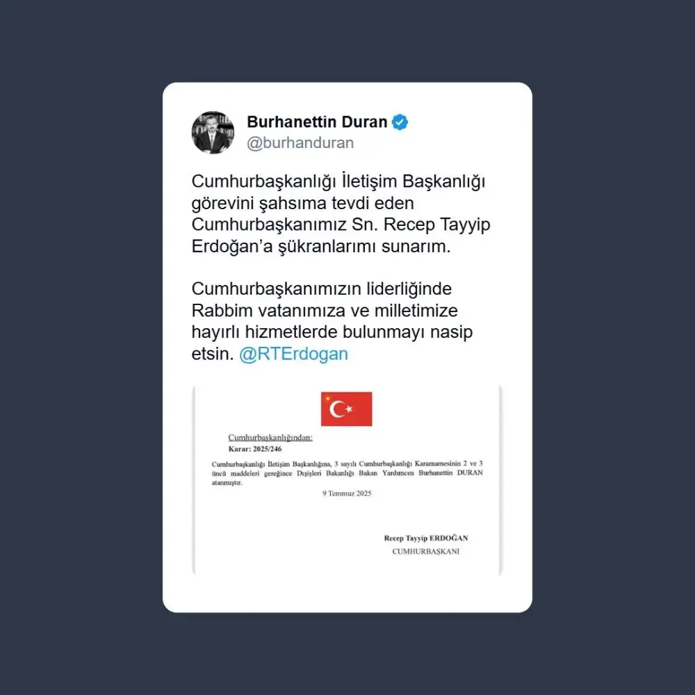 Cumhurbaşkanlığı İletişim Başkanlığına Burhanettin Duran atandı